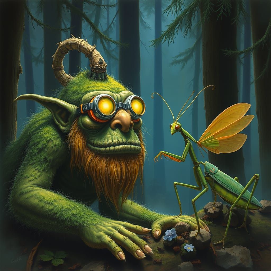 Troll and Praying Mantis Chat in Forest, Frazetta Style