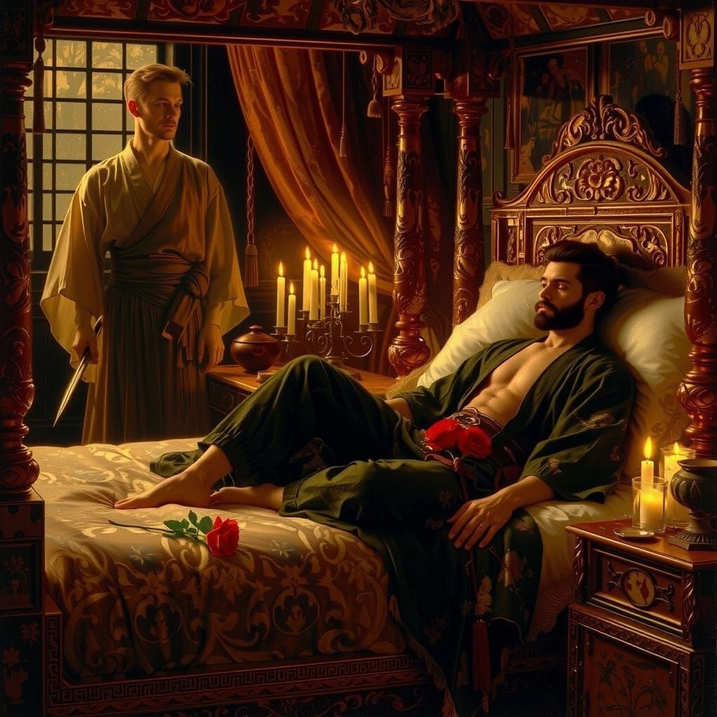 Samurai in Dreamlike Slumber Amidst Antique Elegance