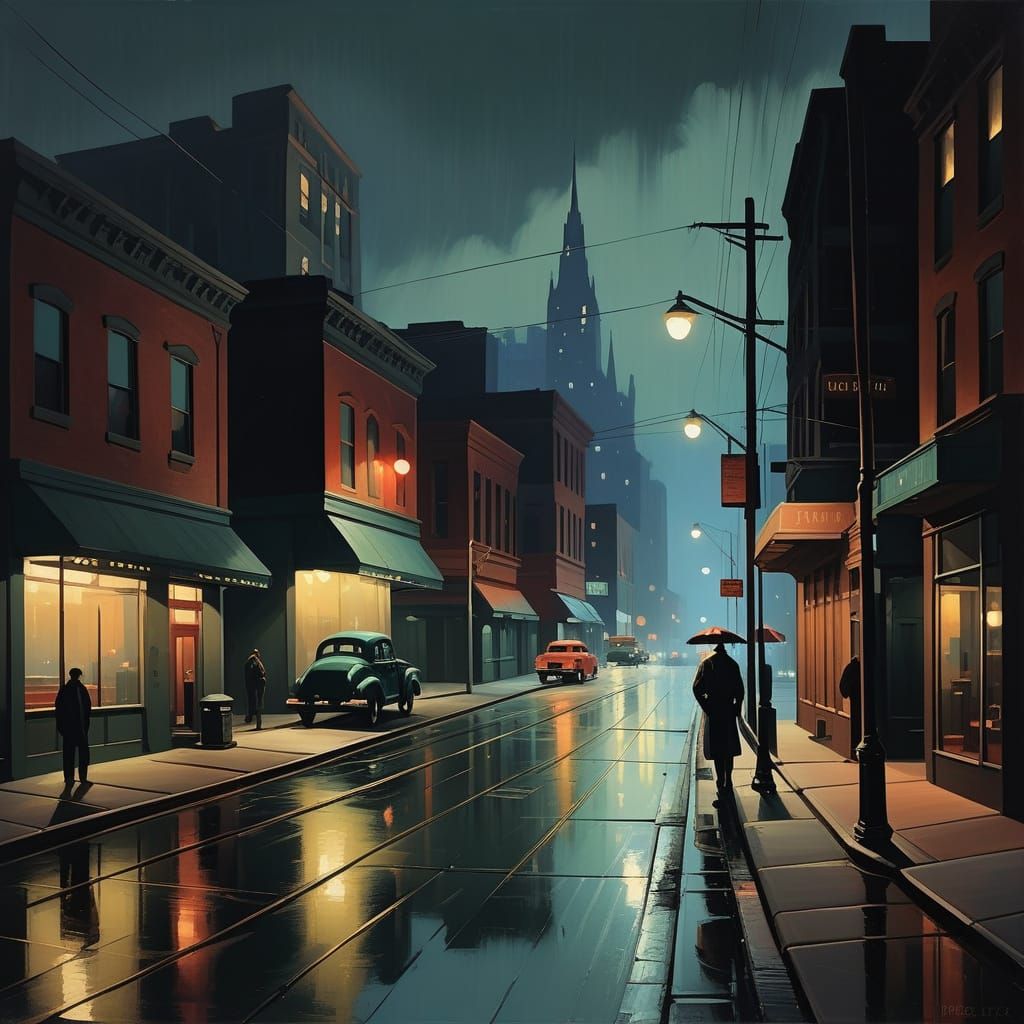Nocturnal Cityscape in Edward Hopper Style with Bold Brushst...