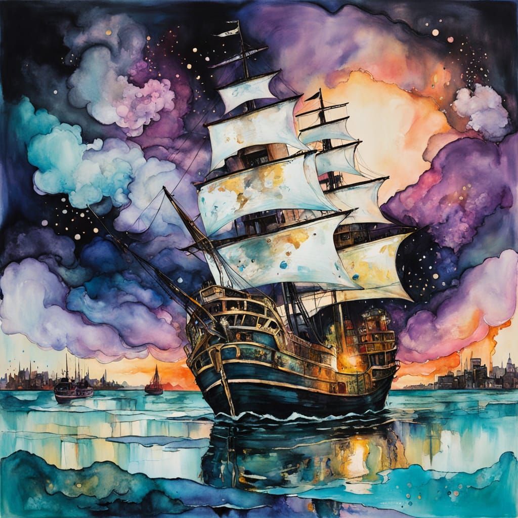 Pirate Ship at Midnight: Vivid Alcohol Ink Painting