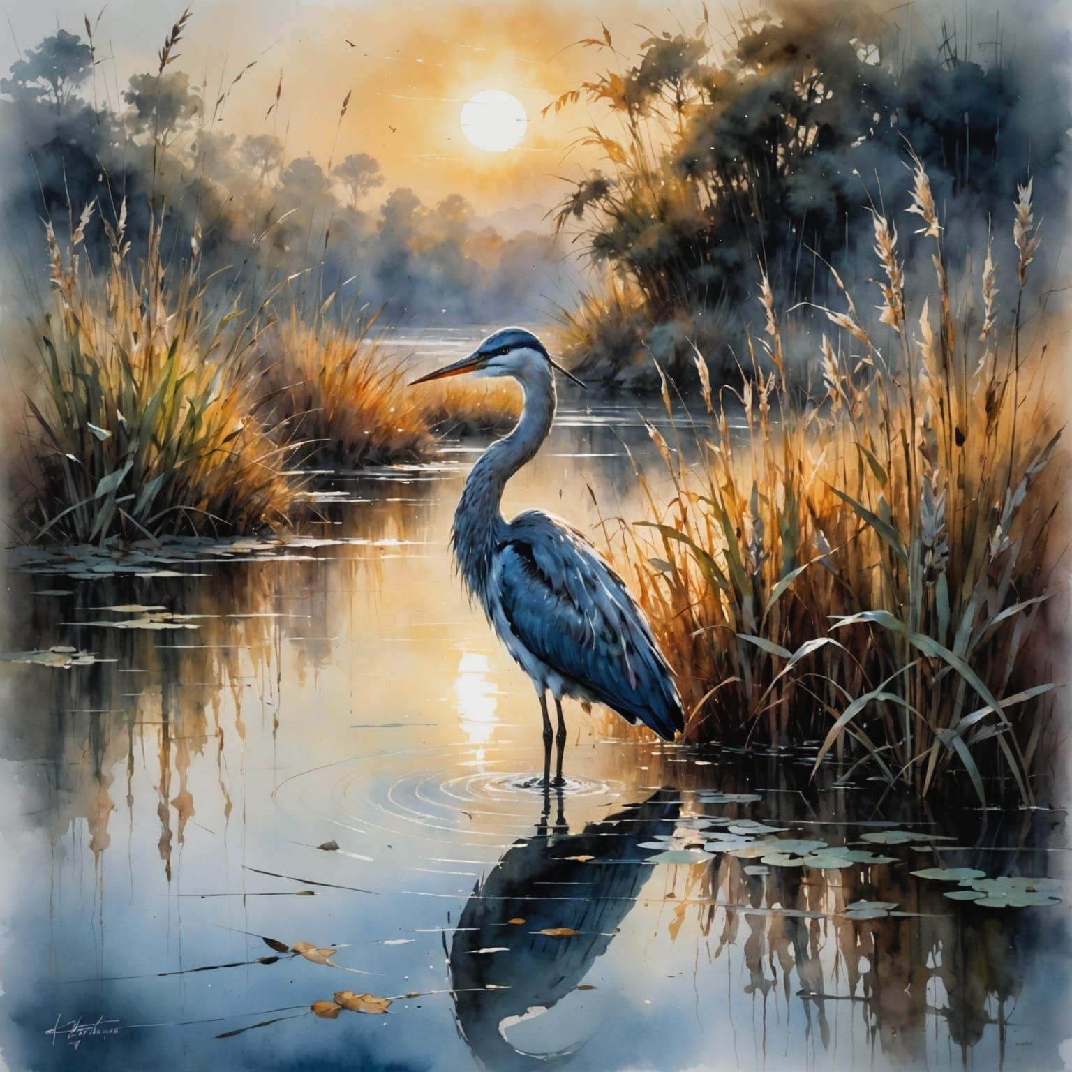 Water Bird on Lake in Watercolour Style