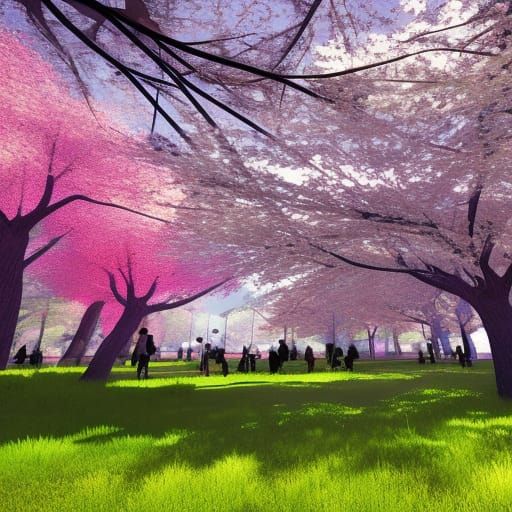 Anime Cherry Blossom Picnic in Cyberpunk Style