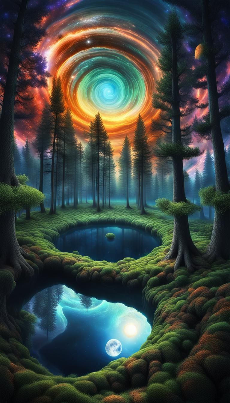 Fantasy Forest with Black Hole in Space Art Style