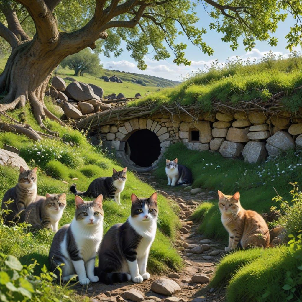Felines Gather in Rocky Hollow, Spring Oak Trees