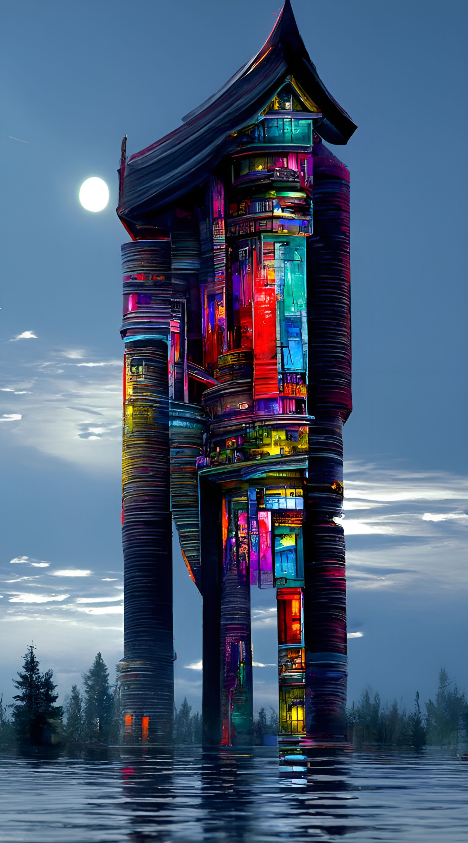 Magic Tower by Lake at Night: Postmodern Architecture