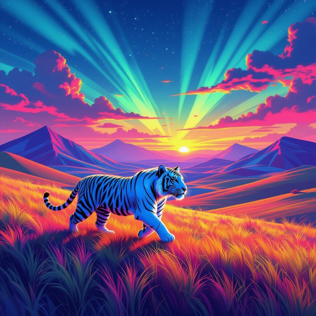 White Tiger Soaring Over Geometric Plains Under Aurora Sky