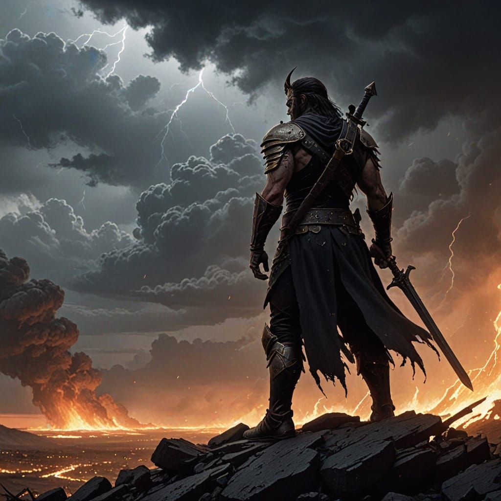 Lone Warrior Amidst Fiery Battlefield