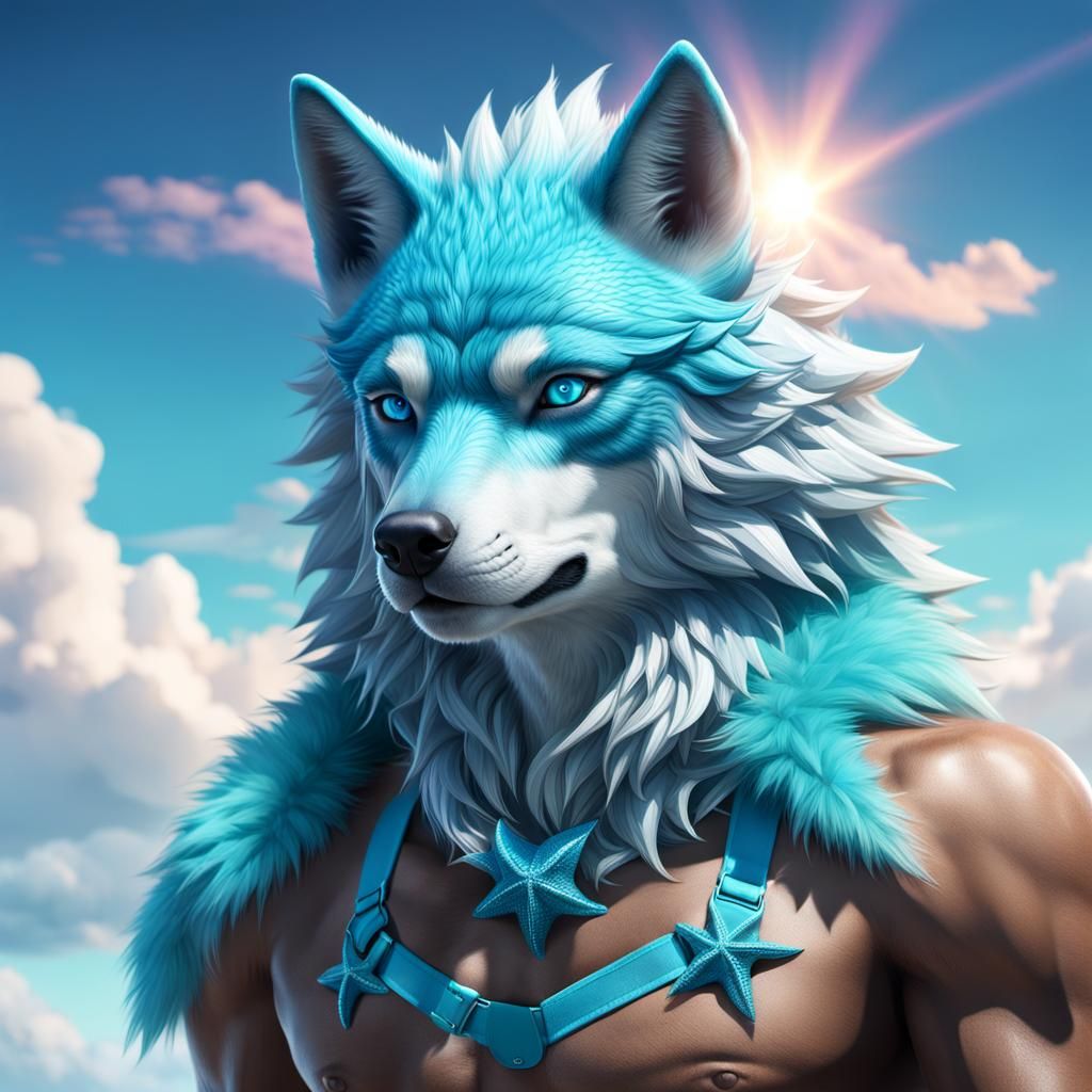 Anthropomorphic Blue Wolf in Starfish Jockstrap