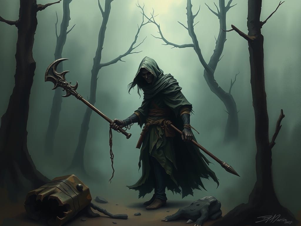 Grim Wanderer in Dark Painterly Forest