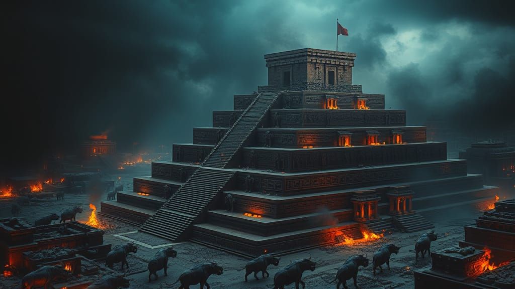 Babylonian Ziggurat Ravaged by Warband in Grim Dark Style