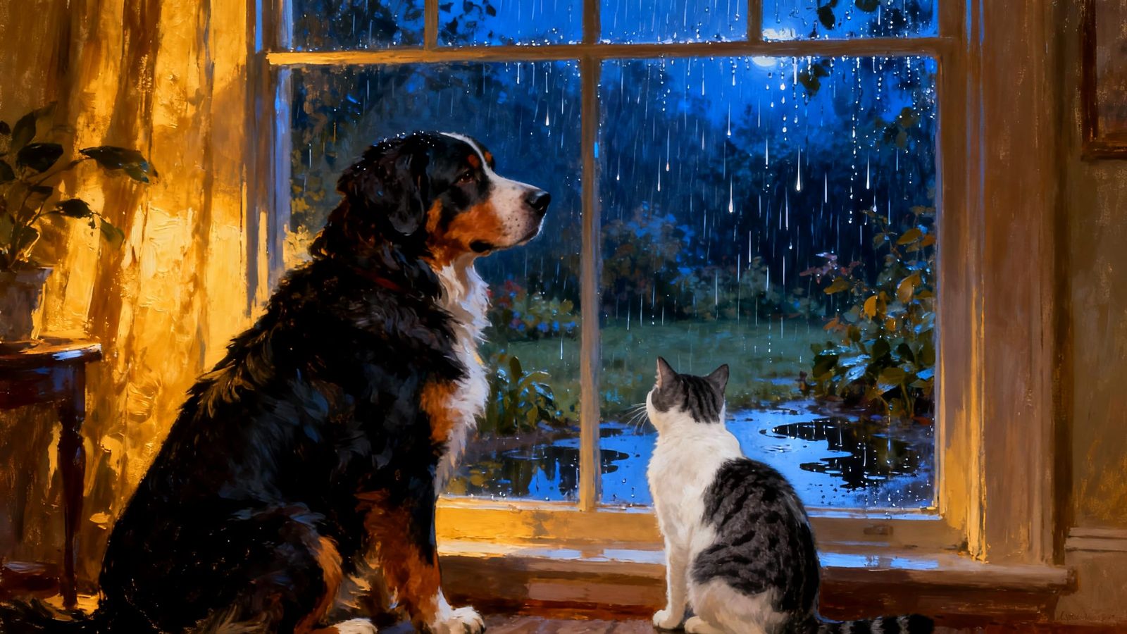 Bernese Dog and Tabby Cat Watch Rainy Night Garden