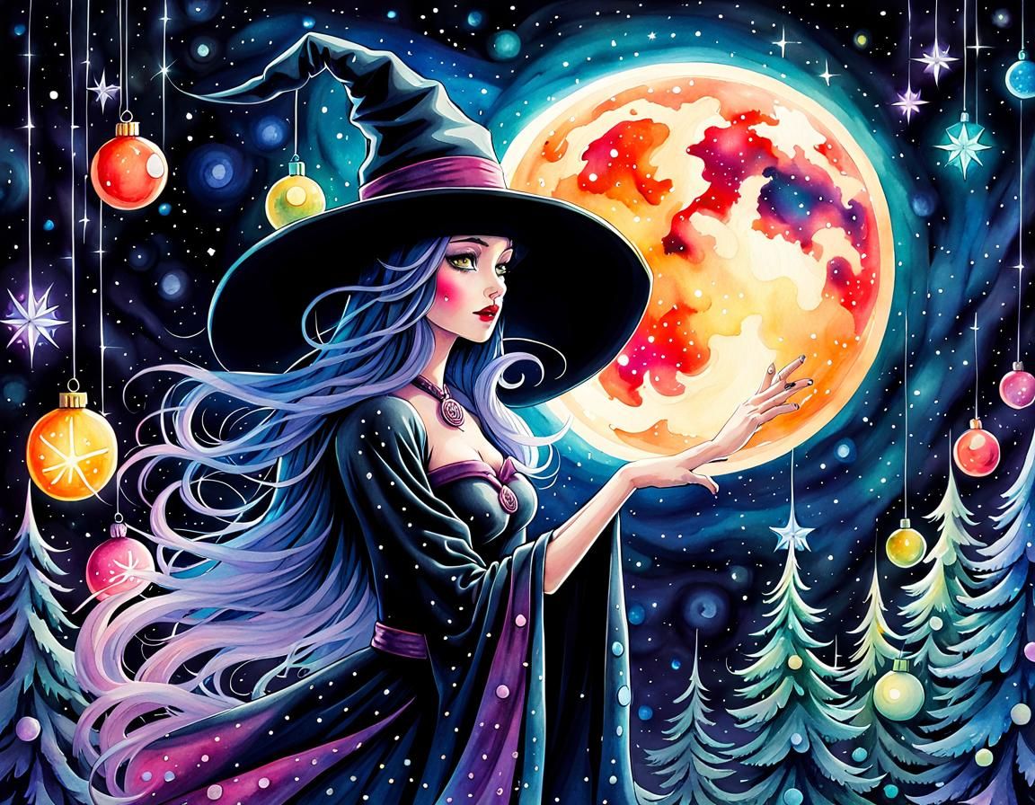 Christmas Witch Watercolor Greeting Card in Studio Ghibli St...