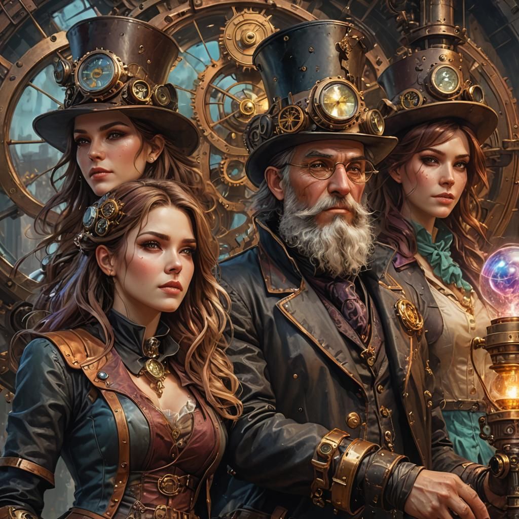 Intricate Steampunk Wizards in Colorful Digital Art
