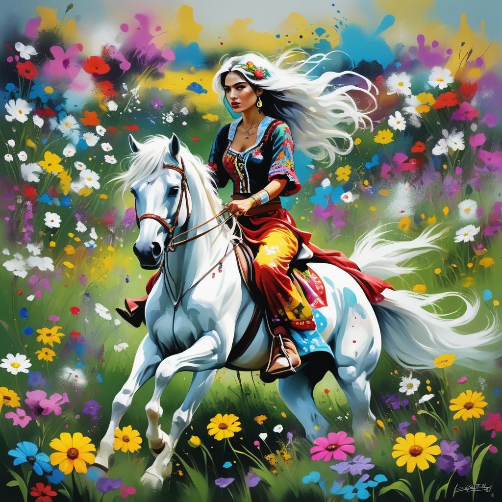Romanian Woman on White Stallion: Graffiti Art