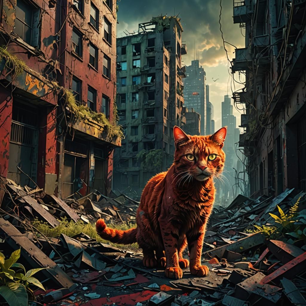 Red Cat in Abandoned City: Digital Matte Painting
