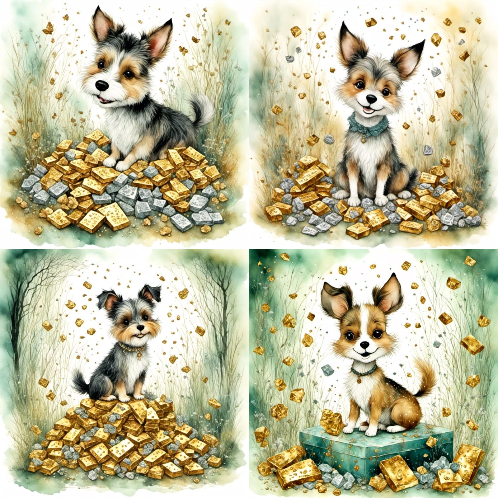 Smiling Yorkie Sitting on Treasure Pile: Modern Illustration
