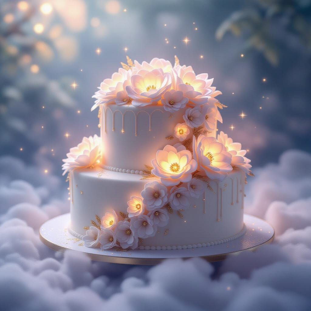 Ethereal Fantasy Birthday Cake in Luminous Style
