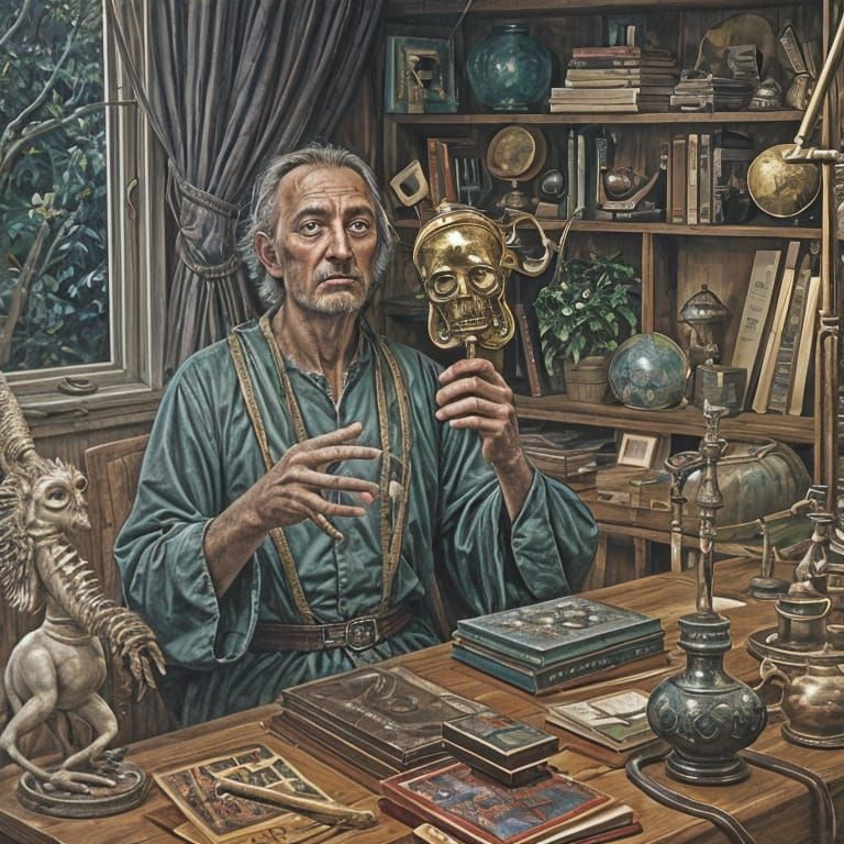 Surreal Wizard at Study Desk, Oil Painting