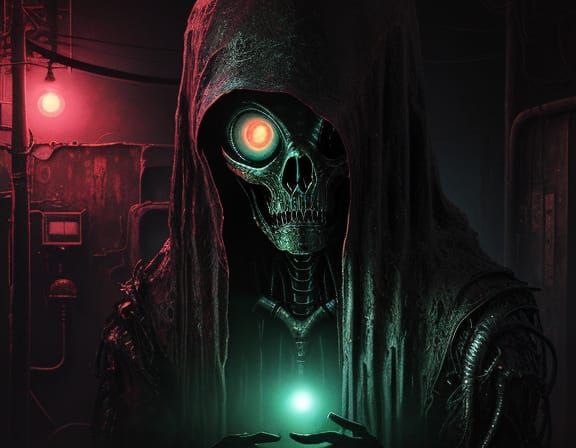 Alien Stares at Neon Sign in Oil Painting Style