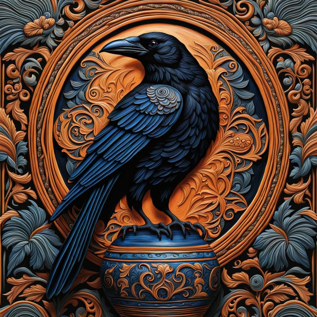 Detailed Clay Raven Sculpture in Art Deco Style