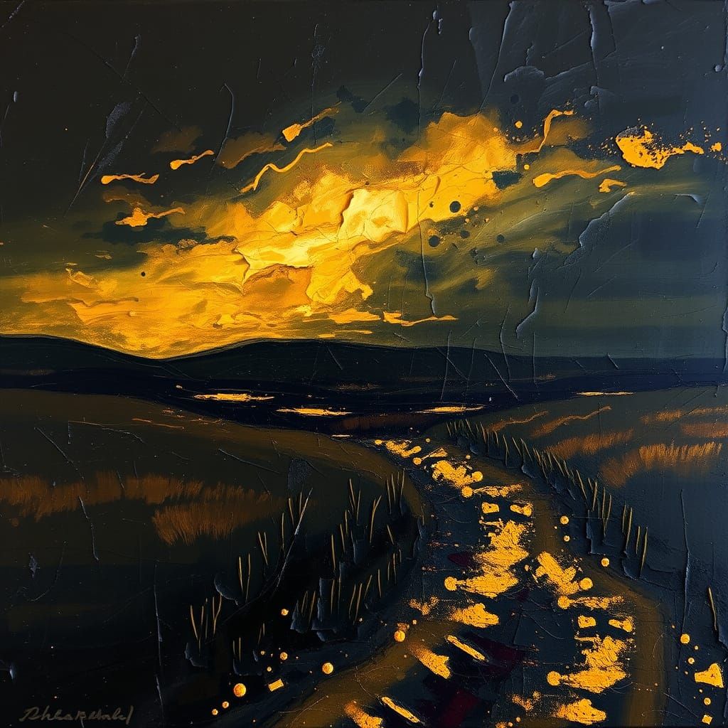 Golden Life Emerges from Shadows in Textured Painting