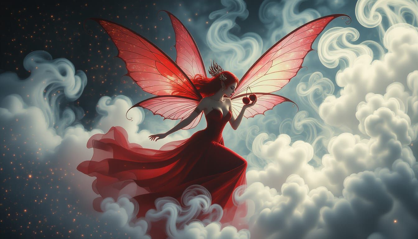 Ethereal Fairy Flees with Luminous Cherry in Dark Fantasy St...