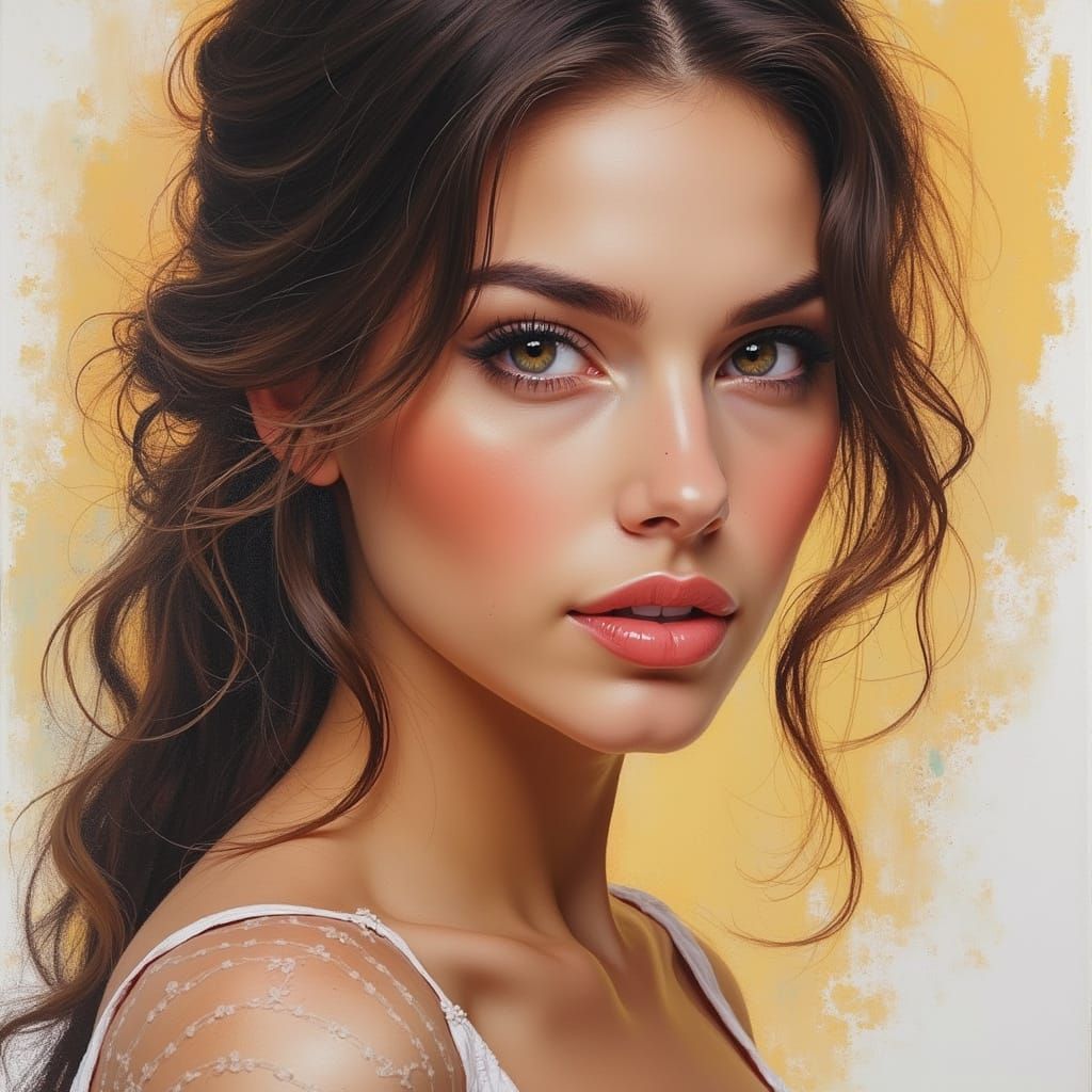 Portrait of a Beautiful Woman in Vibrant Gouache Colors