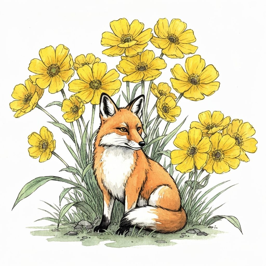 Fox Among Brilliant Yellow Flowers in Ink-Wash Watercolor