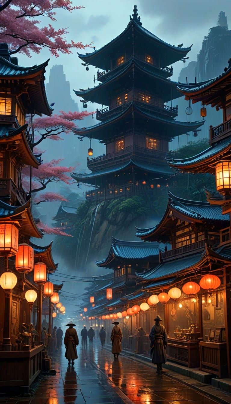 Steampunk Japanese Marketplace Floating in Dusk Sky