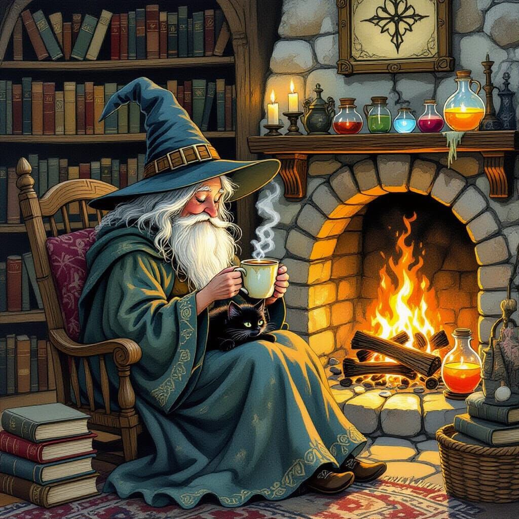 Wise Witch and Kitten by Fireplace, Whimsical Watercolor Sty...