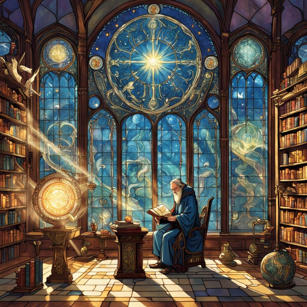 Wizard Studies Tome in Art Nouveau Library