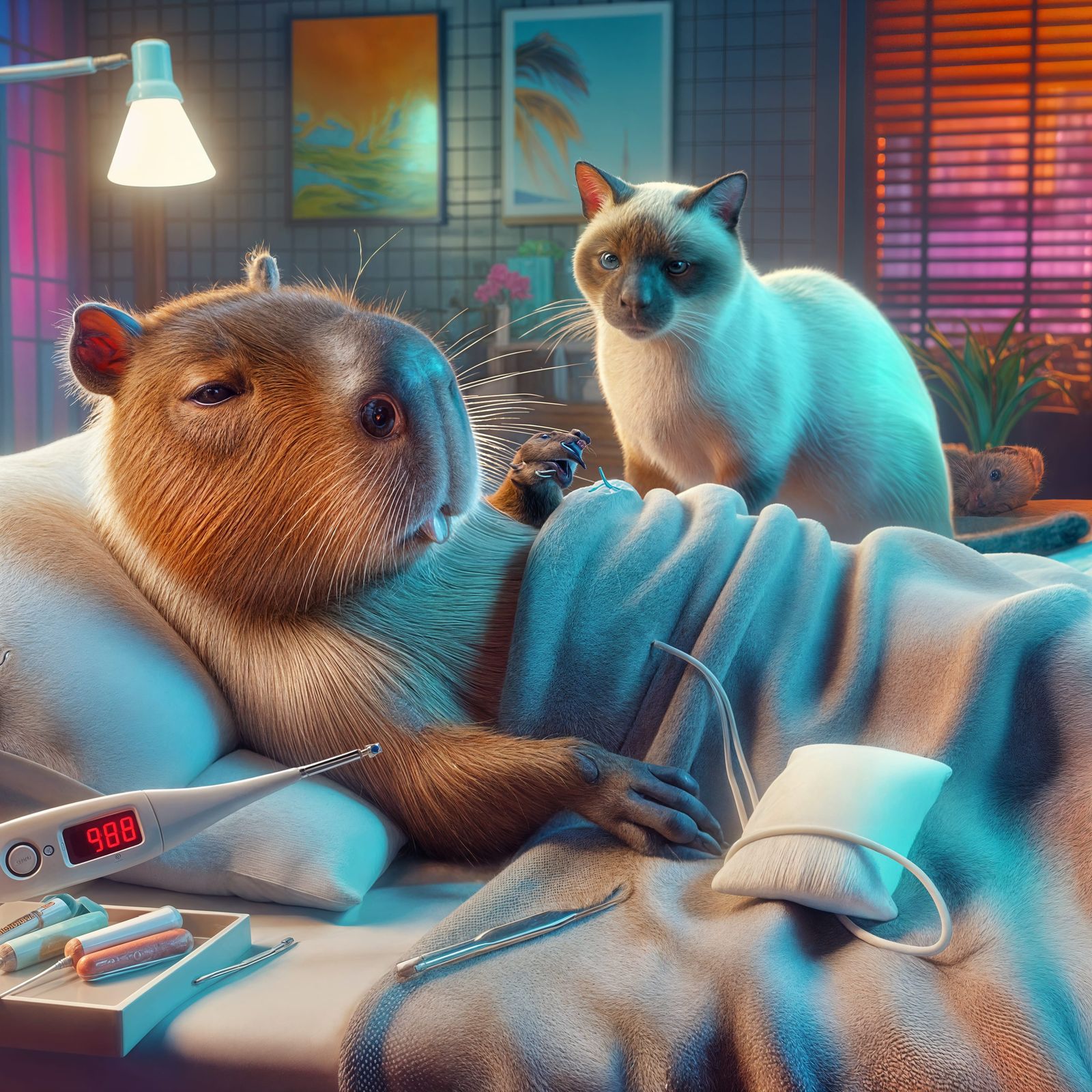Hyperrealistic Capybara Sick in Bed Watched by Cat