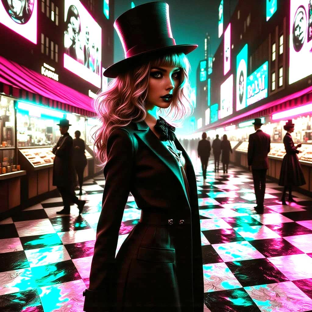 Victorian Lady in Holographic Chessboard Dreamscape