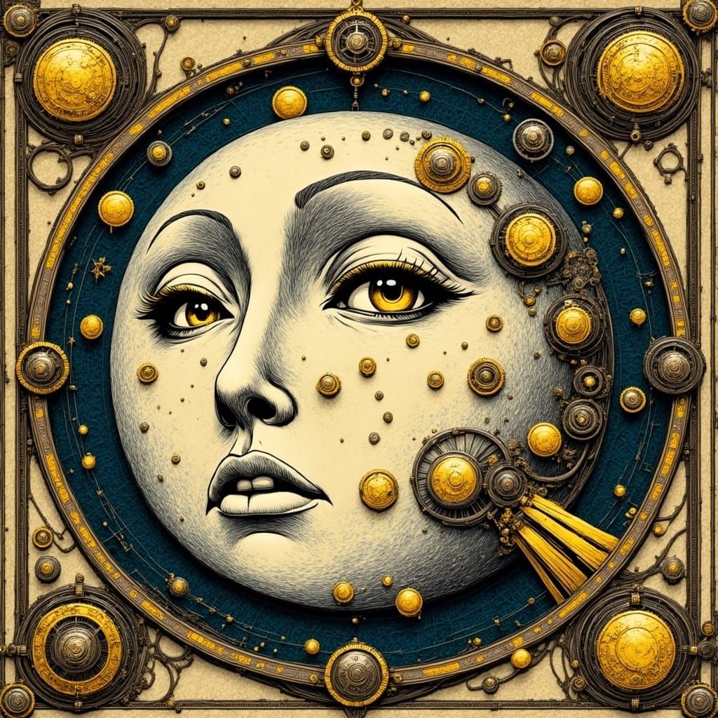 Steampunk Man in the Moon Medieval Illustration