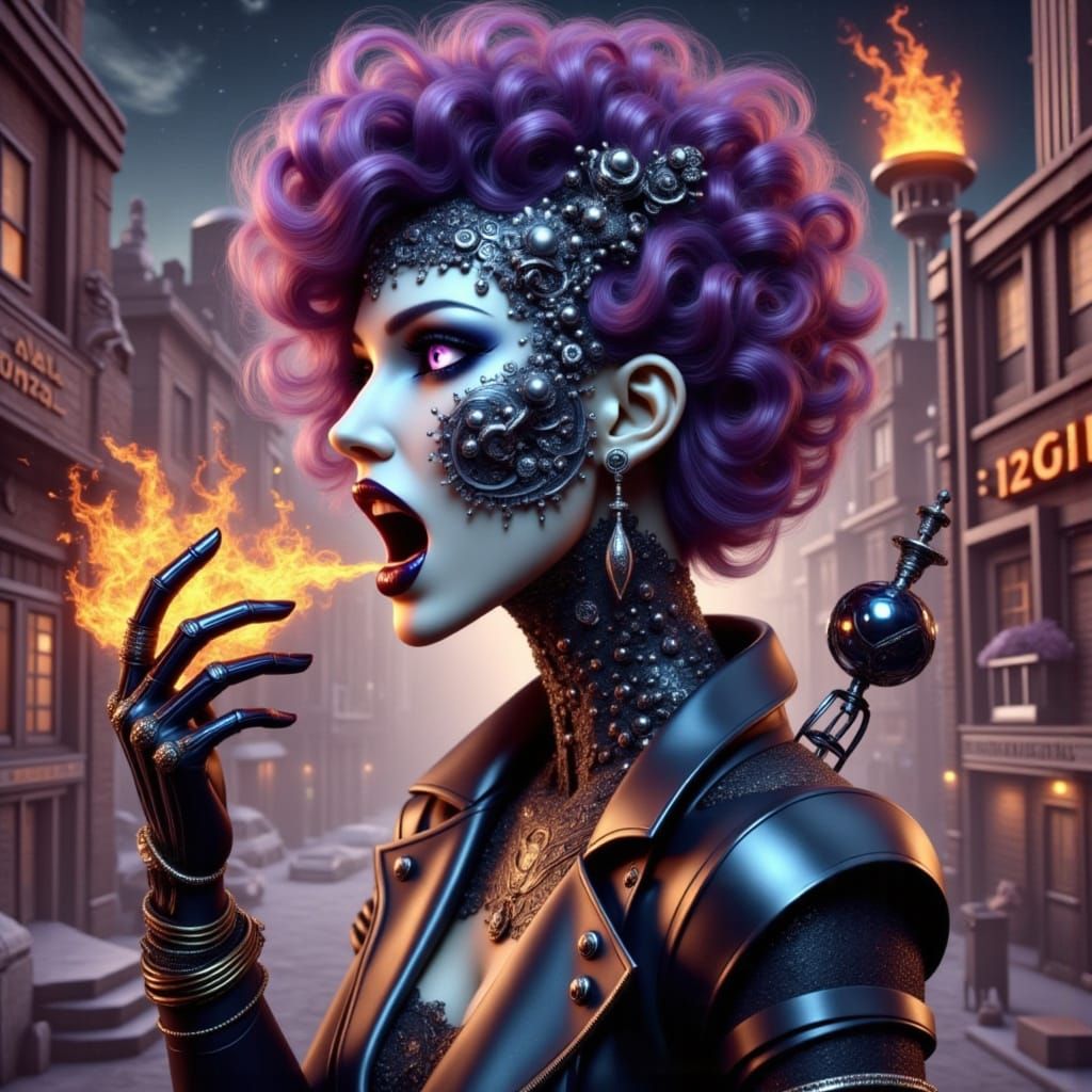 Steampunk Witch Breathing Fire in Cubist Style
