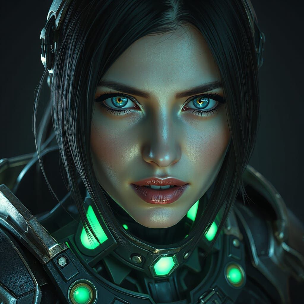 Cyberpunk Woman with Glowing Eyes in Metallic Armor