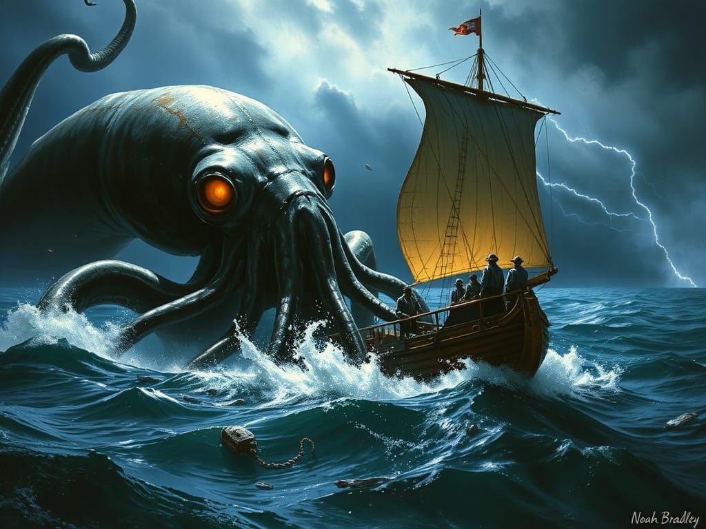 Colossal Squid Attacks Ship in Dark Fantasy Style