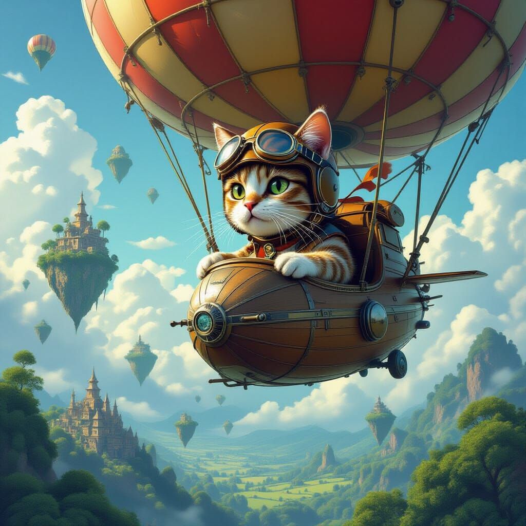 Cat Pilot Navigates Dirigible Above Floating Islands