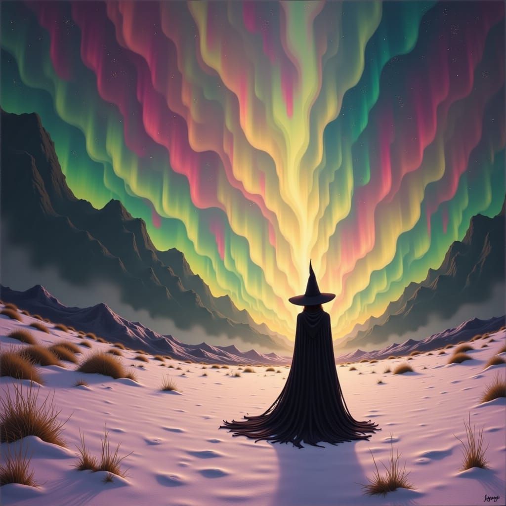 Lone Witch on Windswept Moor Under Aurora Sky