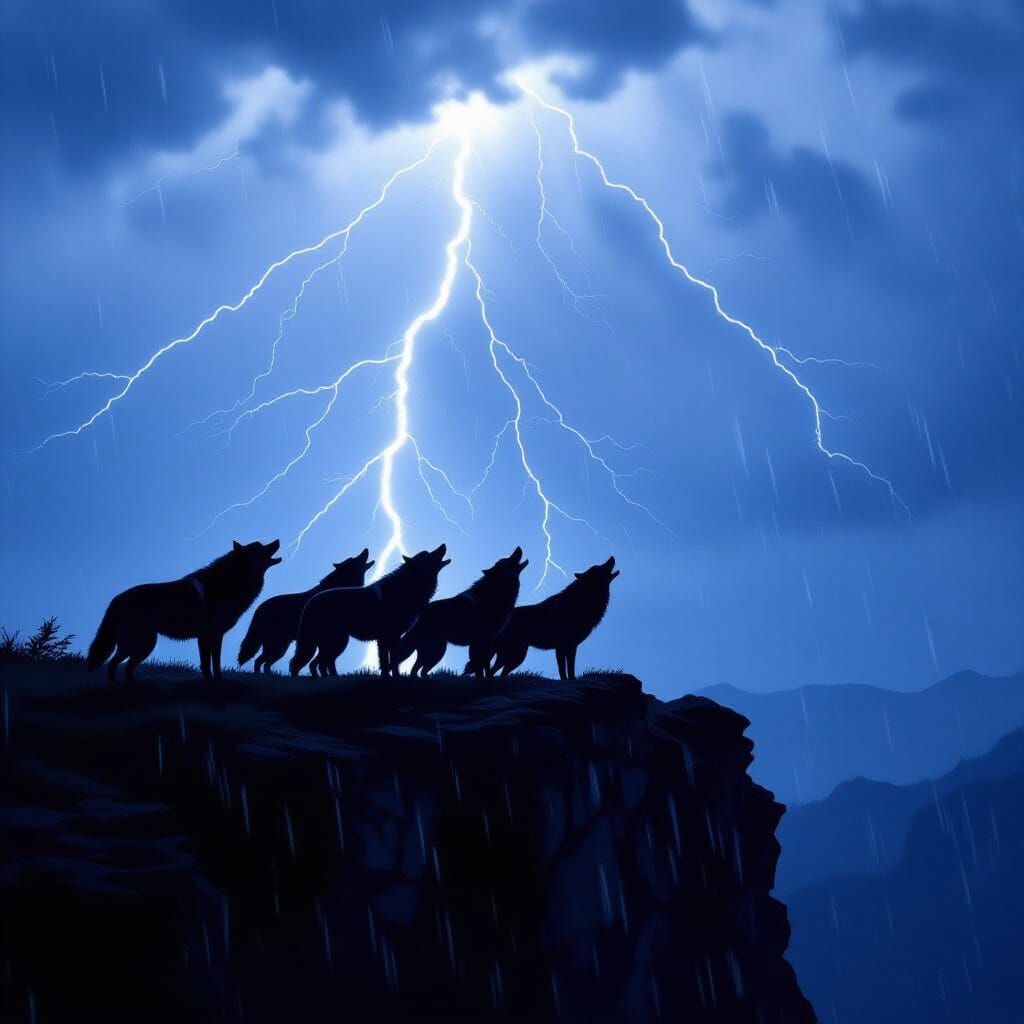 Wolves Howling in a Lightning Storm on a Cliff