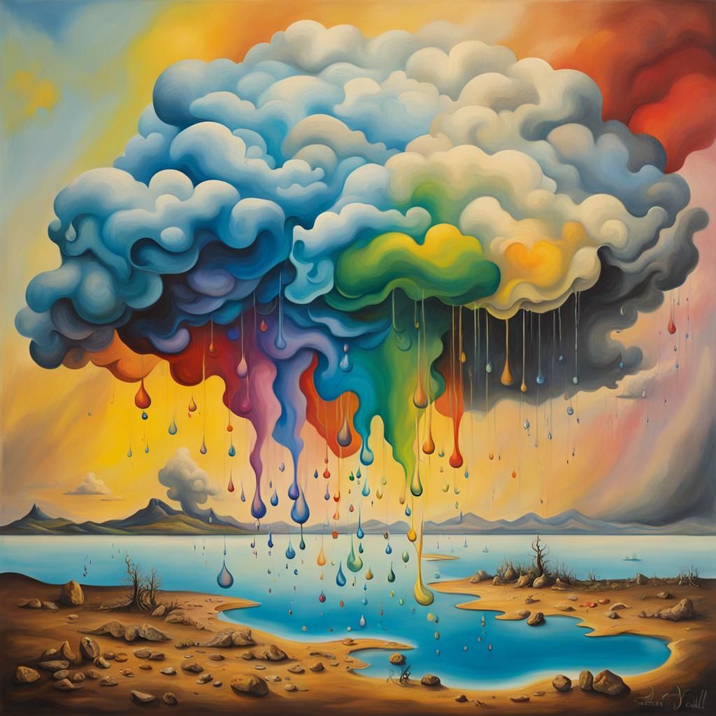 Surreal Melting Rainbow Raincloud in Dali Style