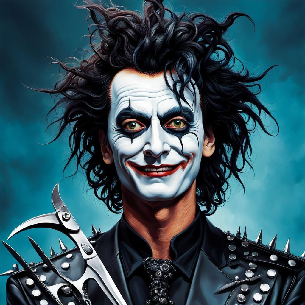 Edward Scissorhands Hug: Surreal Oil Painting