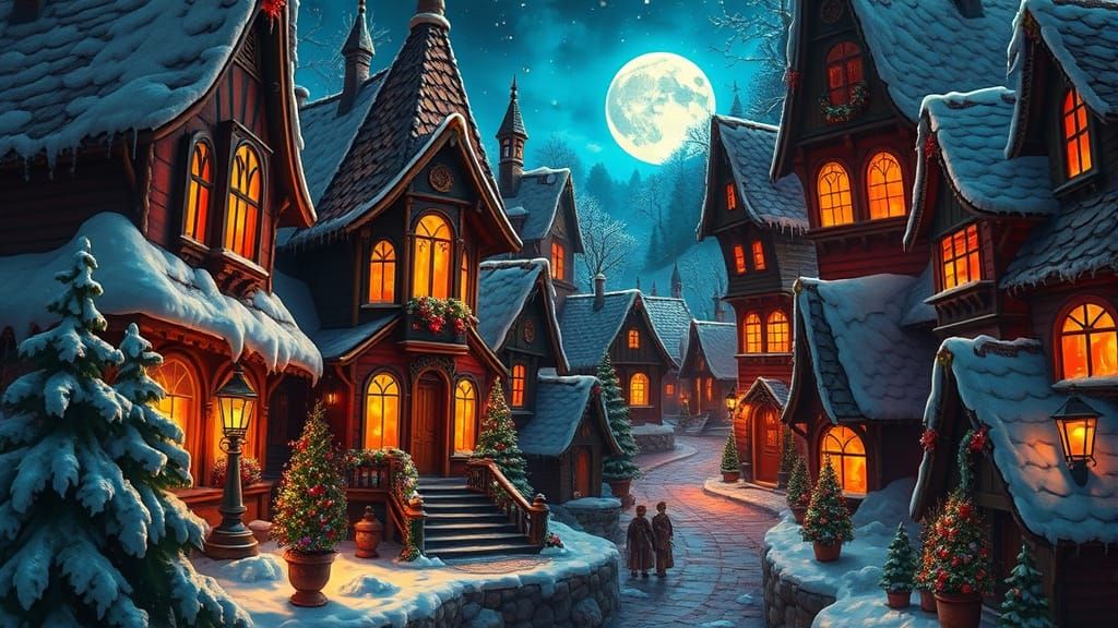 Vampiric Christmas Village in Burton & Frazetta Style
