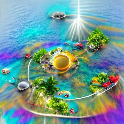 Tropical Island Floating in Space in Hyperrealistic Style