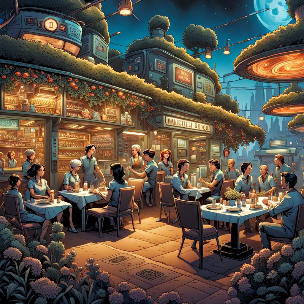 Futuristic Robot Village Restaurant in Comic Book Art