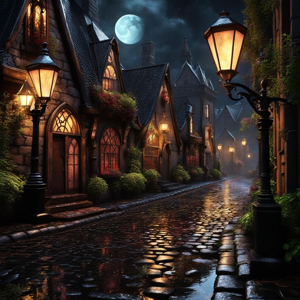 Moonlit Rainy Street with Gothic Architecture