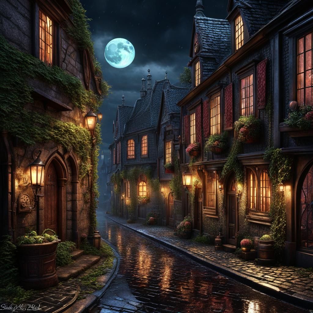 Moonlit Rainy Streets, Gothic Architecture in Fairycore Styl...