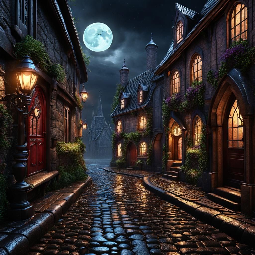 Moonlit Gothic Streets in Rainy Fairycore Style