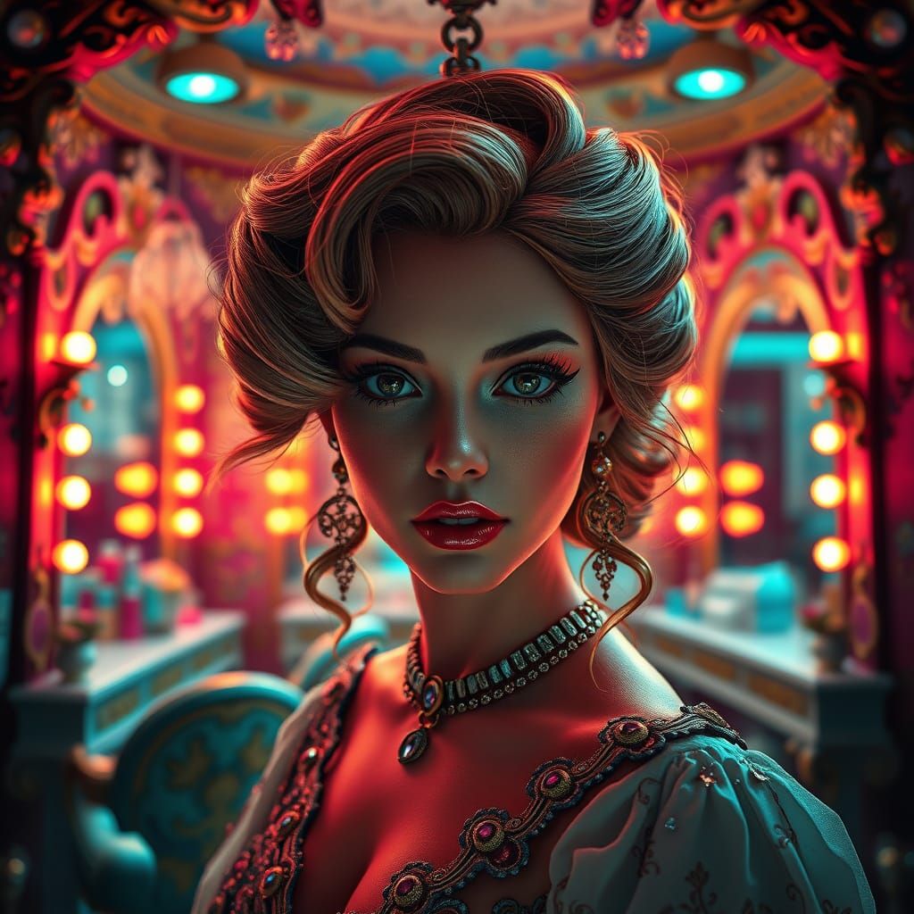 Cinematic Miniature Beauty Salon Portrait in Triadic Colors