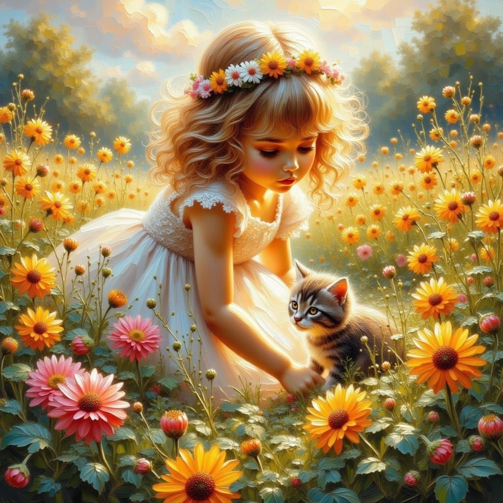 Girl and Kitten Play Hide and Seek in Garden